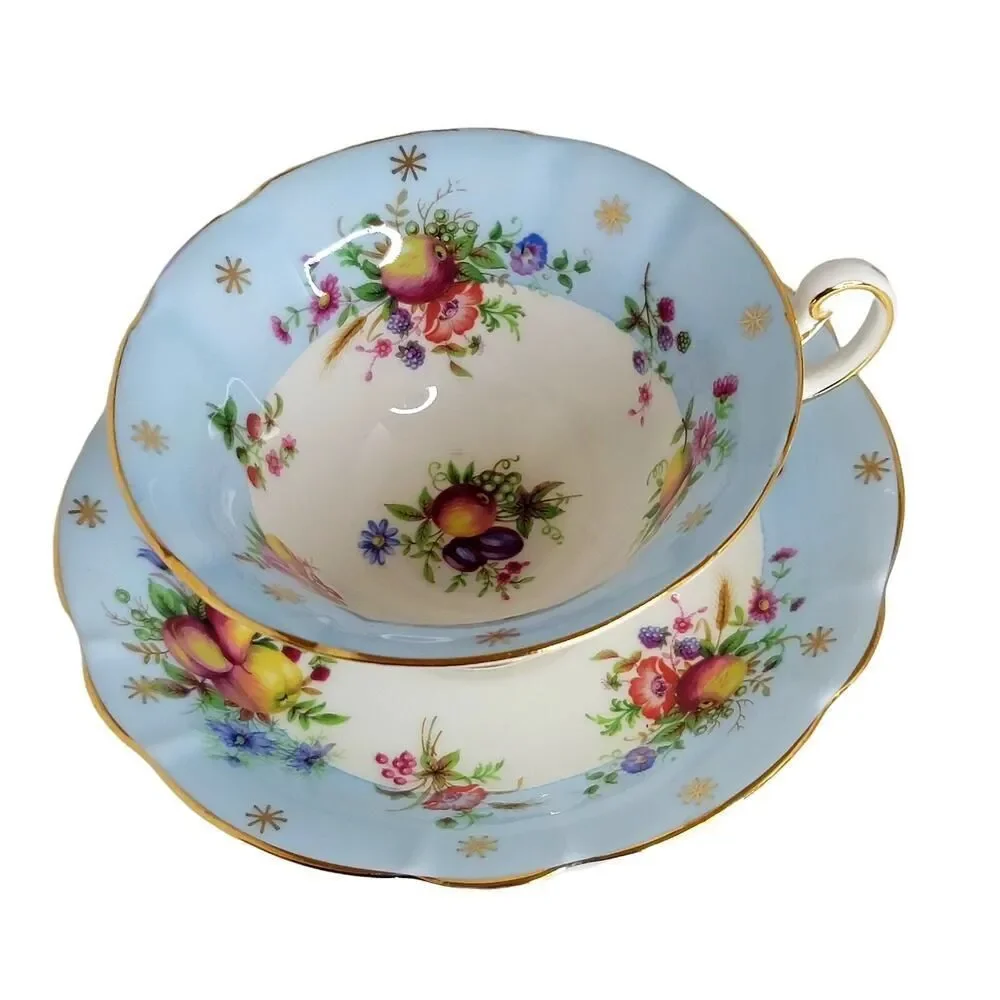 Vtg E.B Foley Beautiful Cup & Saucer Fruit Floral‎ Sky Blue Wide Mouth Gold Rim